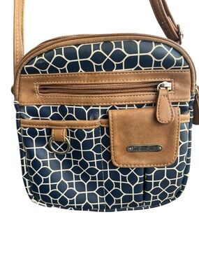 MultiSac Navy Pattern zip around Crossbody Bag with Tan Trim